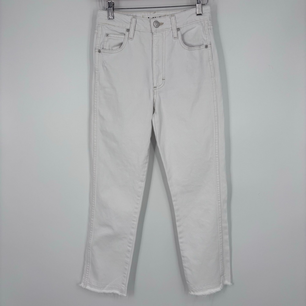 AMO Chloe Crop White Sand Jeans Women 24 High Rise Raw Hem Straight Leg Denim
